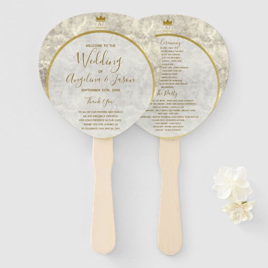 Marmer Gouden Huwelijksprogramma Handwaaier (Voorkant en achterkant)