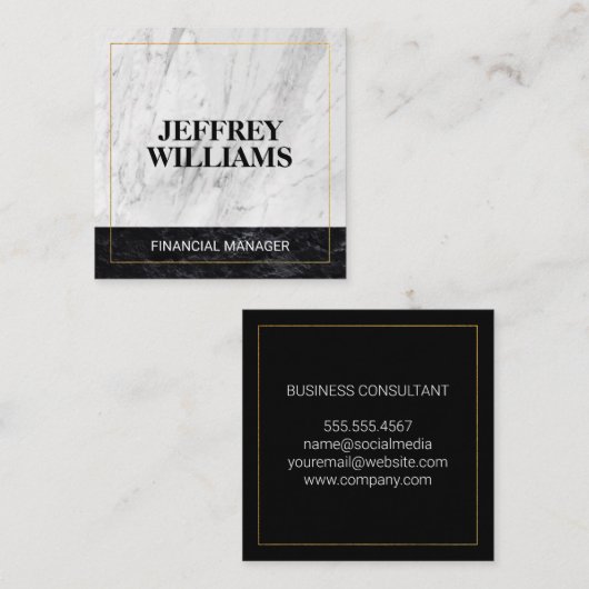 Marmer | goudrand | financieel manager vierkante visitekaartje (Voorkant / Achterkant)