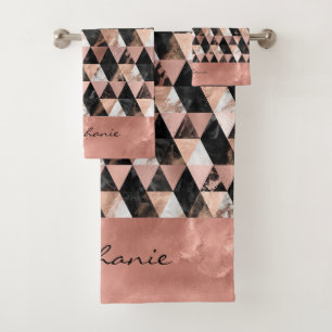 Marmer in zwart wit & roze goud Monogram Bad Handdoek