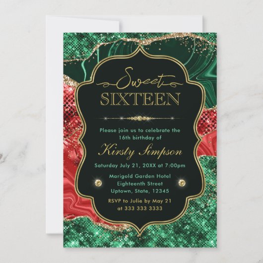 Marmer Kerst Agate & Gouden Glitter Sweet 16 Kaart (Voorkant)