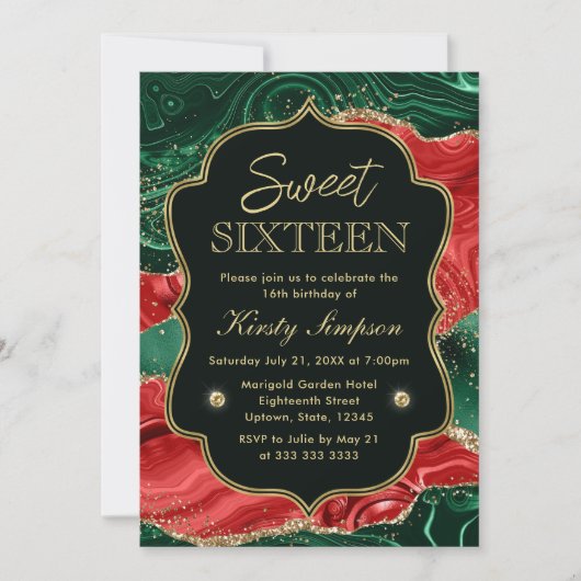 Marmer Kerst Agate & Gouden Glitters Zweet 16 Kaart (Voorkant)