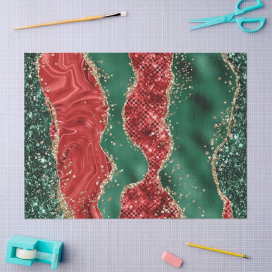 Marmer Kerstrood, groen en goudglitter Agate Tissuepapier (Craft)