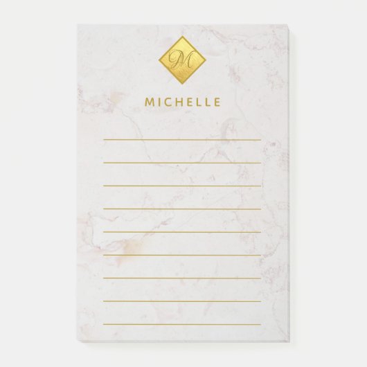 Marmer met gouden monogram en naam in het wit post-it® notes (Voorkant)