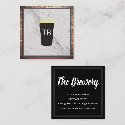 Marmer met houttrim en monogram vierkante visitekaartje (Voorkant / Achterkant)