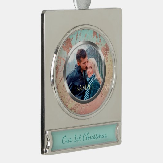 Marmer Metallic Roos Gold Eerste Kerstkerst Verzilverd Banner Ornament (Rechts)