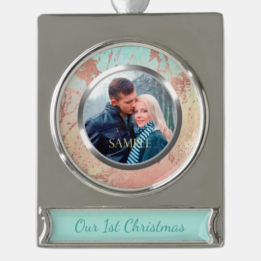 Marmer Metallic Roos Gold Eerste Kerstkerst Verzilverd Banner Ornament (Voorkant)