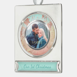 Marmer Metallic Roos Gold Eerste Kerstkerst Verzilverd Banner Ornament