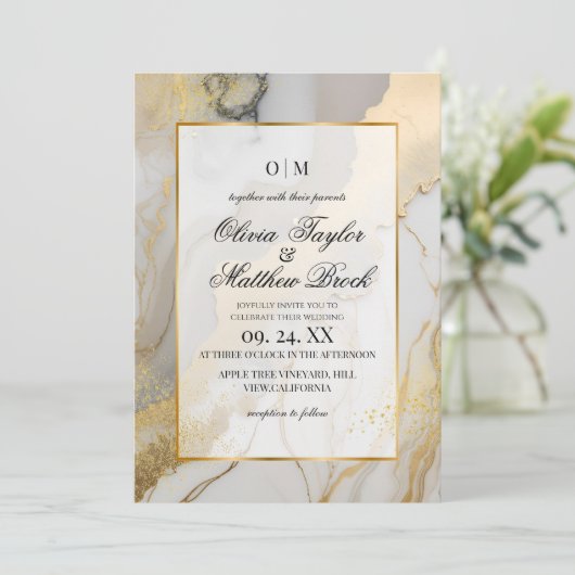 Marmer Modern Beige grijs en goud bruiloft Kaart (Staand voorkant)