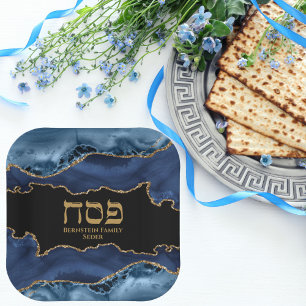 Marmer Navy Blue en Gold Hebrew Pesach Sameach Papieren Bordje