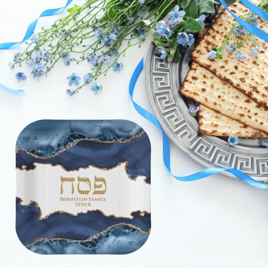 Marmer Navy Blue en Gold Hebrew Pesach Sameach Papieren Bordje
