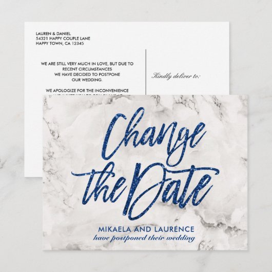Marmer Navy Blue glitterscript wijzig datum Aankondigingskaart (Voorkant / Achterkant)