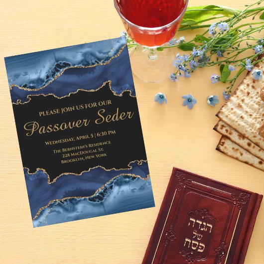 Marmer Navy Blue Gold Passover Seder Invitation Feestdagenkaart