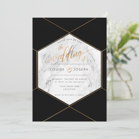 Marmer+nepgoud honingraat bruiloft aankondiging (Staand voorkant)