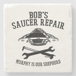 marmer onderzetter met Bob's Saucer Repair logo