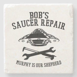 marmer onderzetter met Bob's Saucer Repair logo