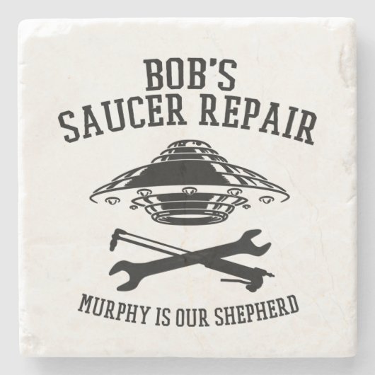 marmer onderzetter met Bob's Saucer Repair logo (Voorkant)