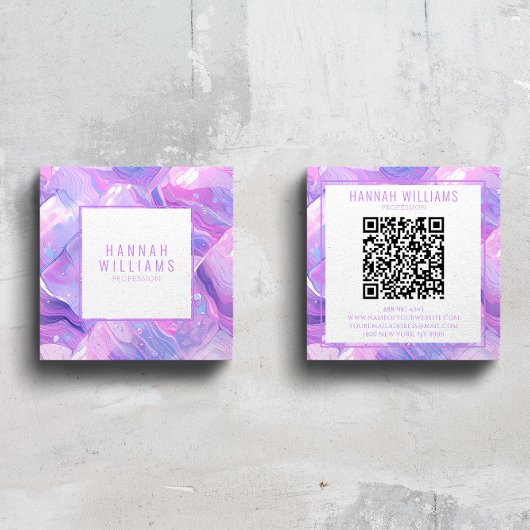 Marmer Paarse Roze Agaat QR Code Girly Trendy Vierkante Visitekaartje