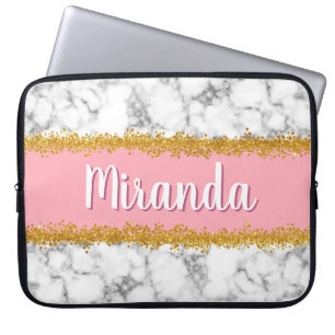 Marmer Pattern op Roze met Gold Glitter Laptop Sleeve