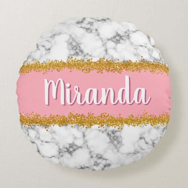 Marmer Pattern op Roze met Gold Glitter Rond Kussen (Voorkant)