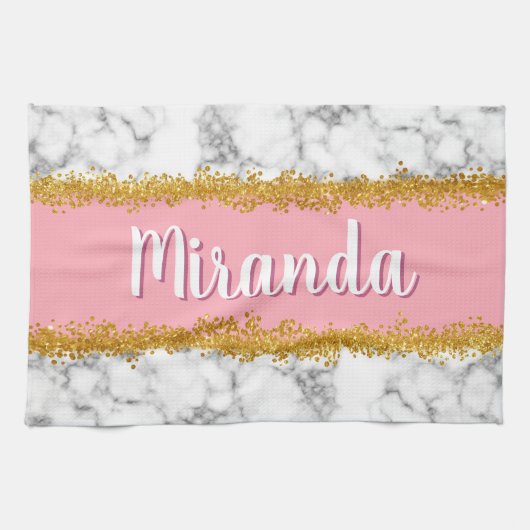 Marmer Pattern op Roze met Gold Glitter Theedoek (Horizontaal)