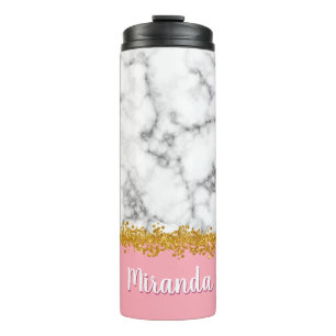 Marmer Pattern op Roze met Gold Glitter Thermosbeker