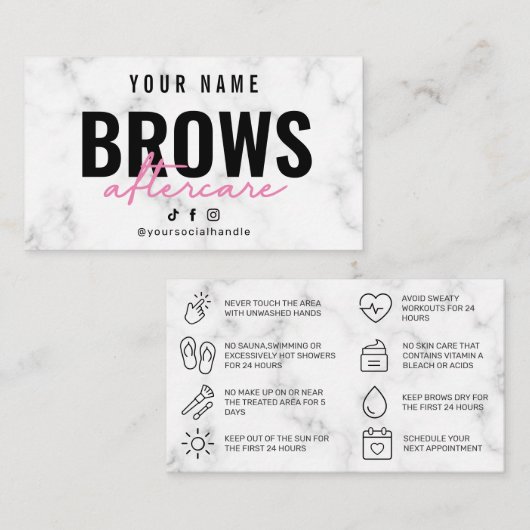 Marmer Pink Brows Aftercare Card Visitekaartje (Voorkant / Achterkant)