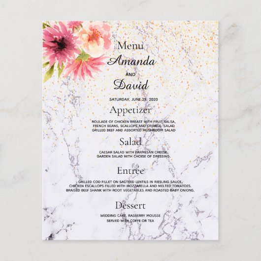 Marmer Pink Florals van het menu Weddenschap (Voorkant)