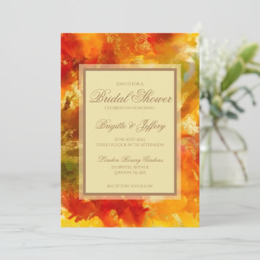 Marmer rood, oranje, goud, geel bruidsmeisjesfeest save the date (Staand voorkant)