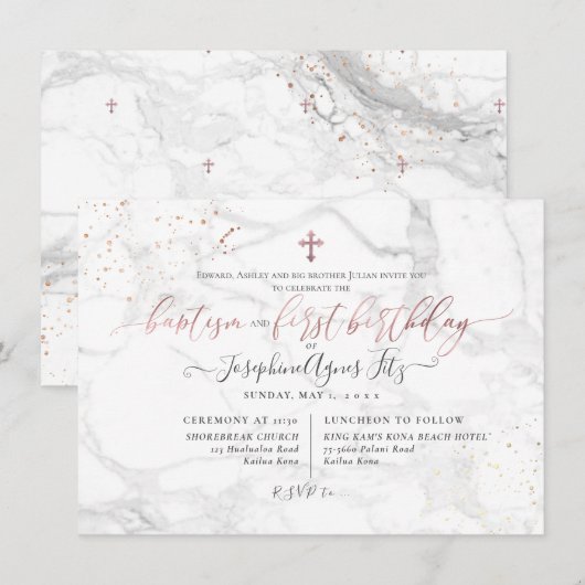 Marmer Roos Gold Cross Baptisme 1e verjaardag Kaart (Voorkant / Achterkant)