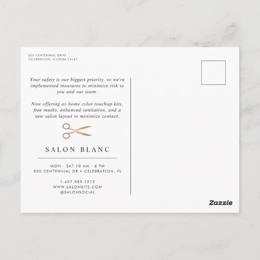 Marmer & Roos Gold | Hair Salon Business Heropenin Briefkaart (Achterkant)