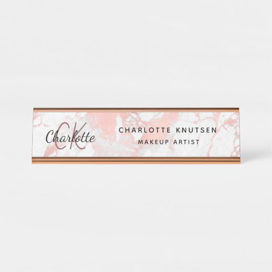 Marmer roos gold monogram modern professioneel bureau naambordje (Voorkant)