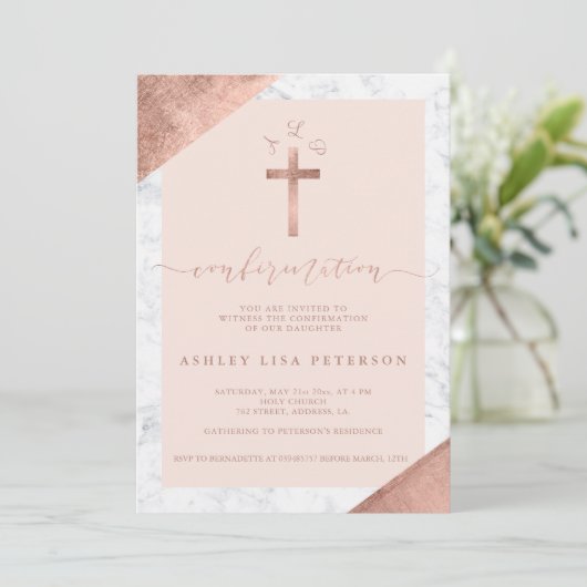 Marmer roos goud dwars roze monogram bevestiging kaart (Staand voorkant)