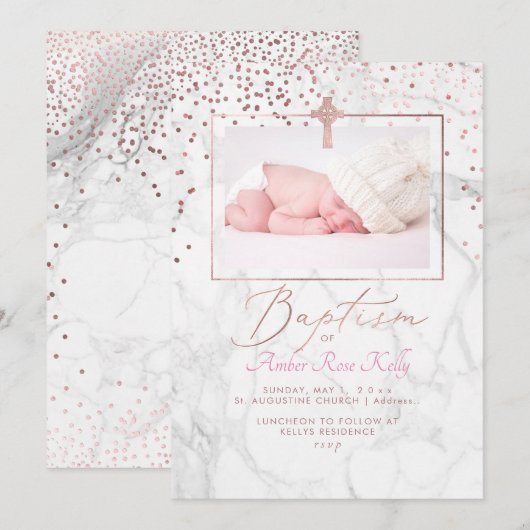 Marmer Roos Goud Keltisch Cross+Confetti Doop Kaart (Voorkant / Achterkant)