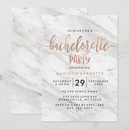 Marmer & Roos Gouden Bachelorette Feestuitnodiging Kaart (Voorkant / Achterkant)