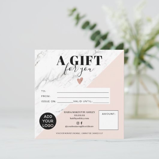 Marmer roze blok vierkant cadeaubon logo (Staand voorkant)
