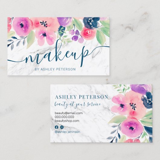 Marmer roze floral waterverf script make-up visitekaartje (Voorkant / Achterkant)
