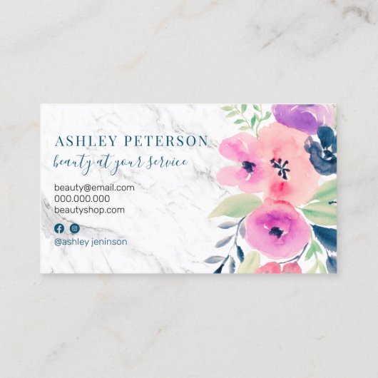 Marmer roze floral waterverf script make-up visitekaartje (Achterkant)
