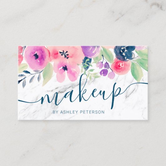 Marmer roze floral waterverf script make-up visitekaartje (Voorkant)