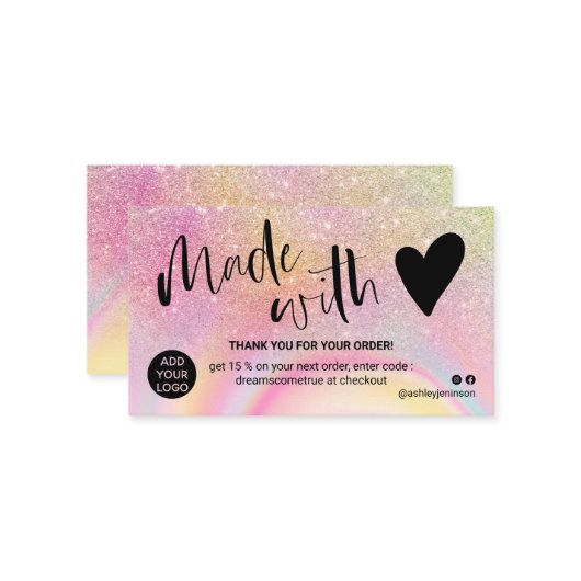 Marmer roze glitter bedankt voor je liefde visitekaartje (Voorkant / Achterkant in situ)