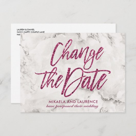 Marmer Roze glitterscript wijzigingsdatum Aankondigingskaart (Voorkant / Achterkant)