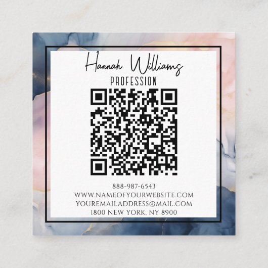 Marmer Roze Marine Blauw Agaat QR Code Vloeibaar V Vierkante Visitekaartje (Achterkant)