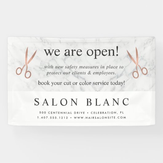 Marmer & Rozen Gouden Schaar Kapperszaak Heropenin Spandoek (Horizontaal)