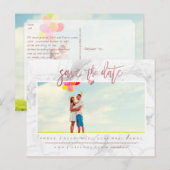 Marmer Save the Date/Faux Roos Gold Script Aankondigingskaart (Voorkant / Achterkant)