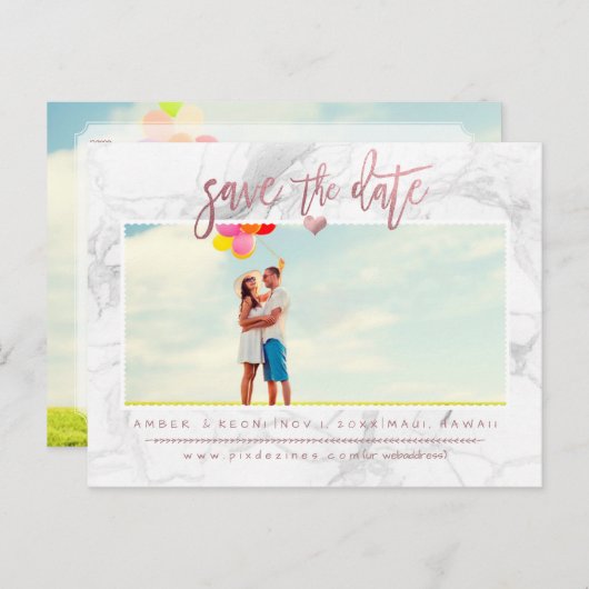 Marmer Save the Date/Faux Roos Gold Script Aankondigingskaart (Voorkant / Achterkant)