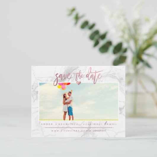 Marmer Save the Date/Faux Roos Gold Script Aankondigingskaart (Staand voorkant)