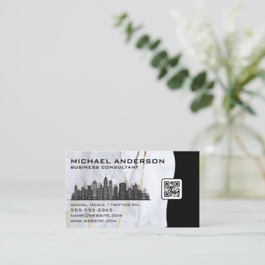 Marmer | Stads Silhouet | QR Code Visitekaartje (Staand voorkant)