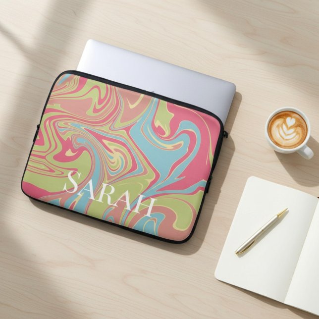 Marmer Stijl Aangepaste Naam Roze en Groen Laptop Sleeve (Creator heeft geüpload)