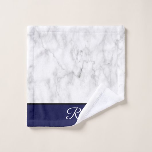 Marmer Style Navy Blue Monogram Initiaal Bathroom Bad Handdoek (Wasdoekje)