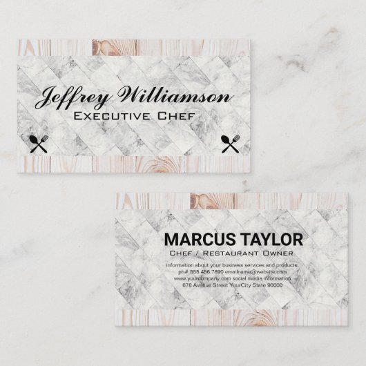 Marmer Tegels | Hout | Silverware-pictogrammen Visitekaartje (Voorkant / Achterkant)