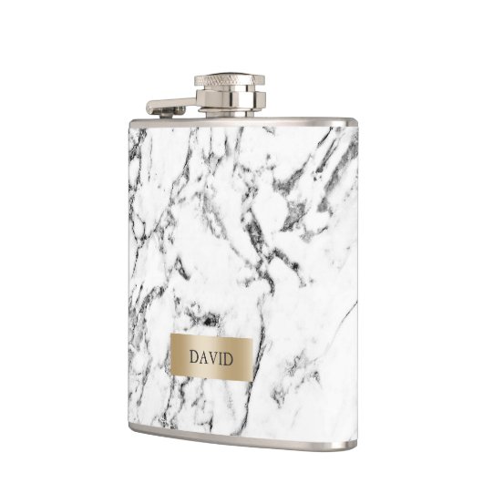 Marmer Texture Modern Gold Label met naam Heupfles (Links)